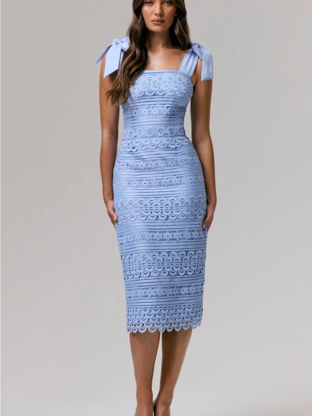 Club L London Scallop Lace Tie-Shoulder Midi Dress in Light Blue